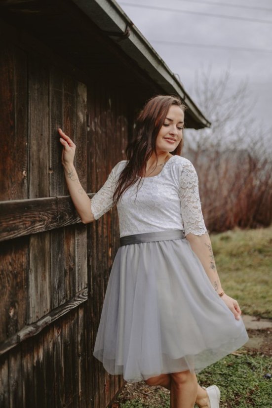 Formal tulle dress– white – grey - Size: M, Variant: For breastfeeding