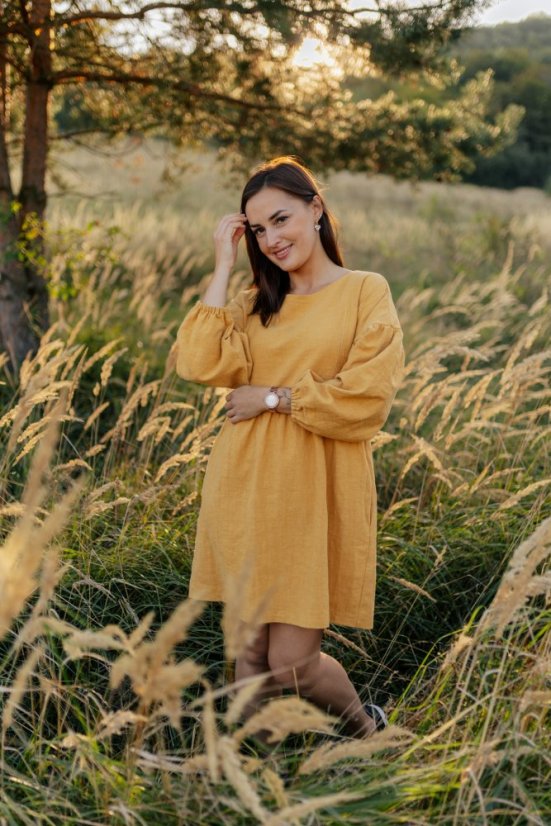 Linen dress with PUFF sleeves - Mustard - Size: XXS