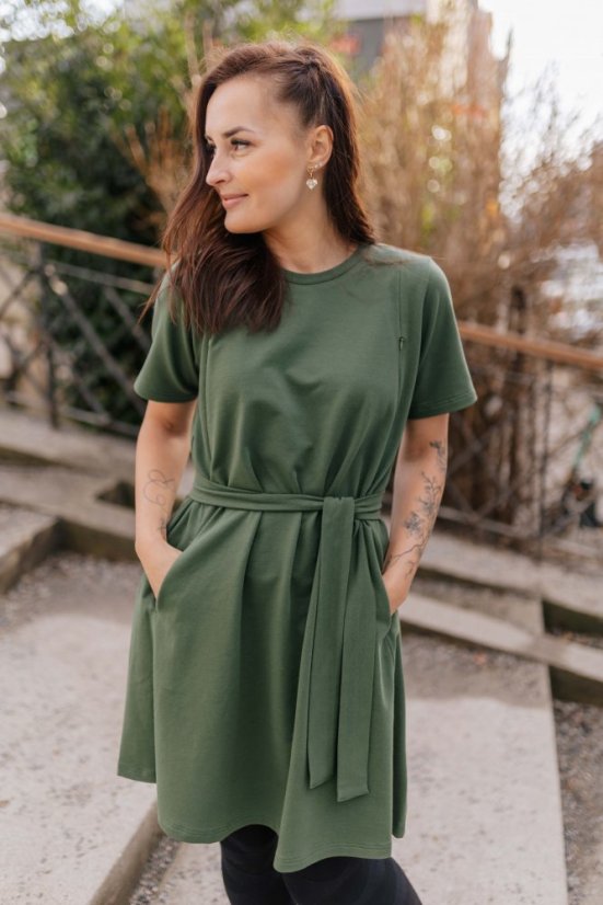 Oversize ačkové šaty – Army green - Velikost: XS/S, Varianta: Ke kojení, Výška: Nízká