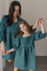 Waffle PUFF dress - MOM AND DAUGHTER - petrolej