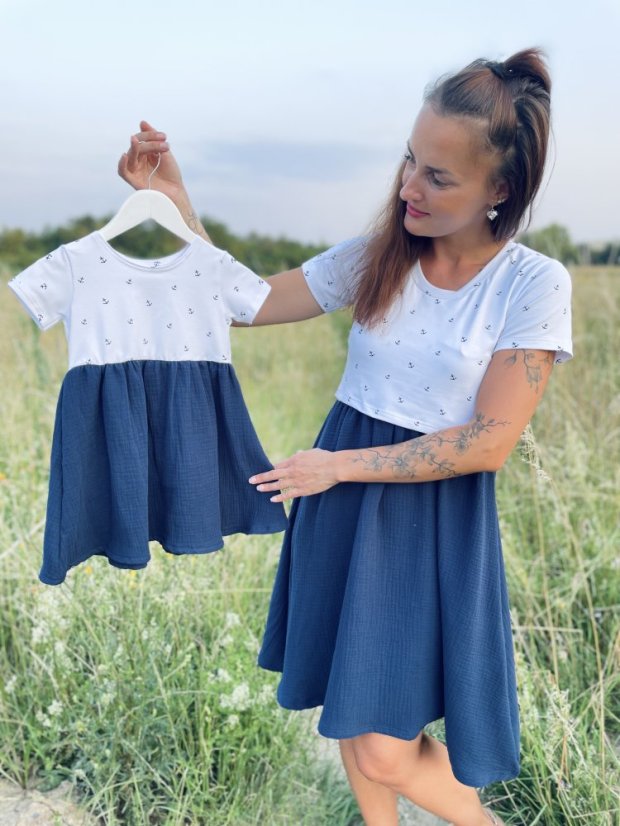 Girls Dress with Muslin Skirt - Anchor Pattern