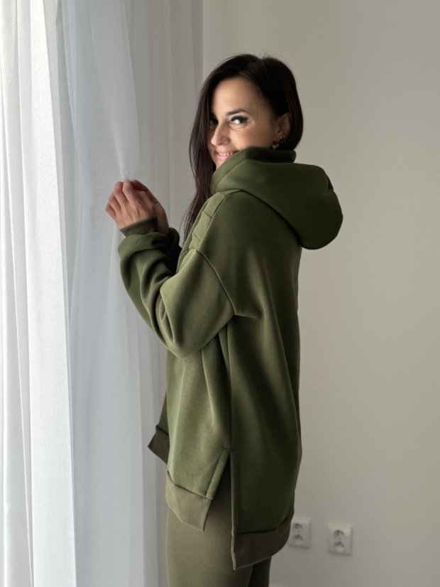 ELARA SET – asymetrická mikina & žebrované legíny - khaki zelená - Velikost: L