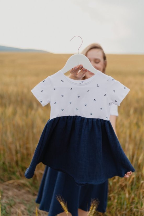 Girls Dress with Muslin Skirt - Anchor Pattern