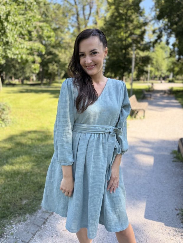 "Boho Breeze" dress - light mint - Size: M/L, Variant: For breastfeeding, Length of the sleeve: 3/4 - below the elbow, Length: Short, Belt: With a belt, Pockets: with pockets