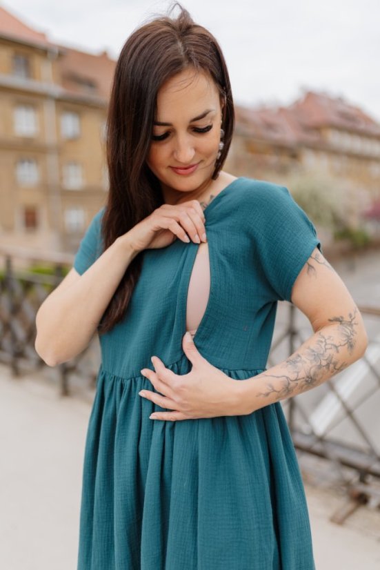 Maxi BOHO mušelínové šaty -  MAMA A DCERA - petrolej - Velikost: XS/S, Velikost dětské oblečení: 92-98