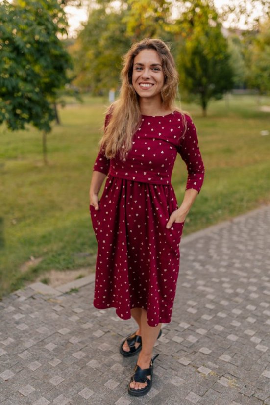 Nursing MIDI dress - golden hearts on bordo
