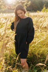 Linen dress with PUFF sleeves - black