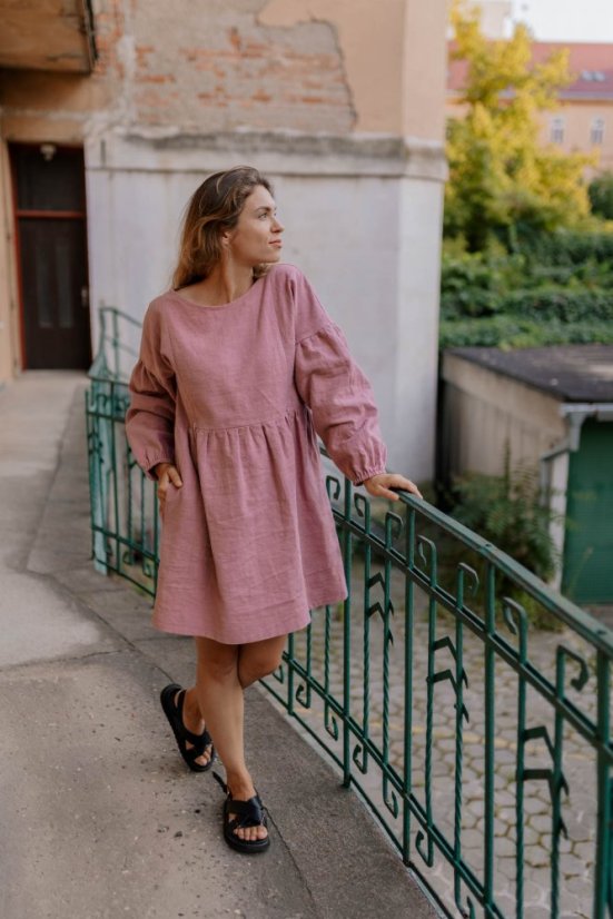 Linen dress with PUFF sleeves - Old pink - Size: M/L