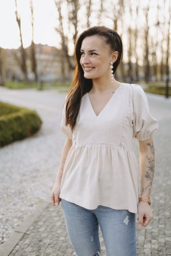 Lněná halenka s výstřihem - Béžová - Velikost: M/L