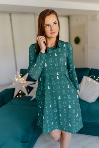 Ačkové vánoční šaty – zelené stromky - Velikost: L, Varianta: Ke kojení