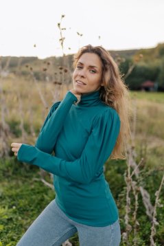 Elegant nursing turtleneck with puff sleeves - Petrol