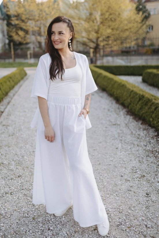 Dlouhé lněné maxi kalhoty s kapsami - Bílé - Velikost: XS/S