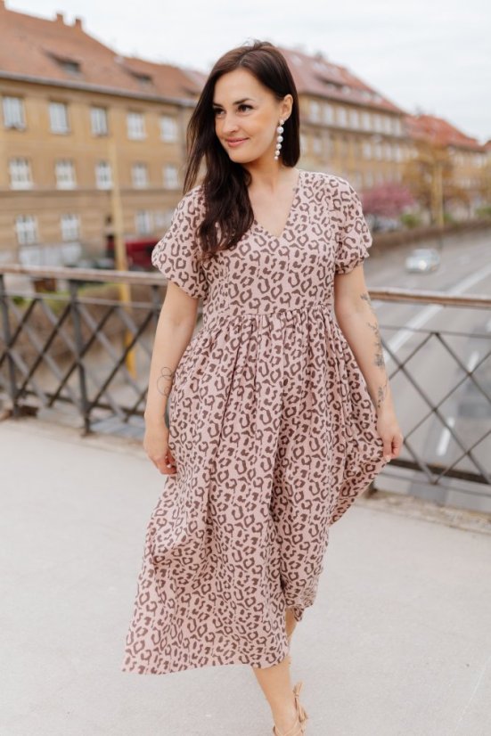 "Boho Breeze" dress MUM AND DAUGHTER - leopard - Size: XS/S, Variant: Classic, Length of the sleeve: short, Length: Long, Belt: With a belt, Children's clothing size: 92-98, Pockets: with pockets