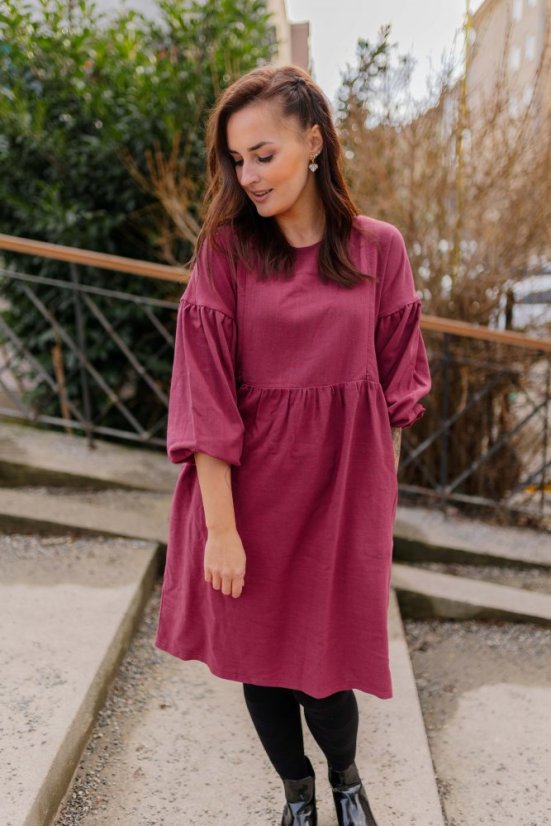 Linen dress with PUFF sleeves - Burgundy - Size: XL/2XL