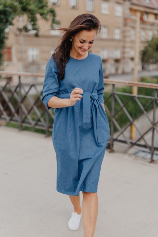 Denim midi dress with pockets - different colors and patterns