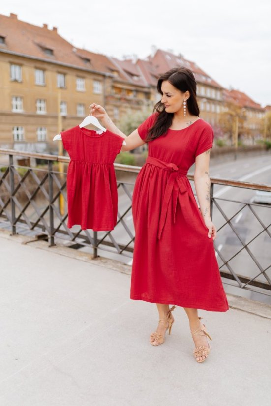 Maxi BOHO mušelínové šaty -  MAMA A DCERA - tmavě červené - Velikost: L/XL, Velikost dětské oblečení: 92-98