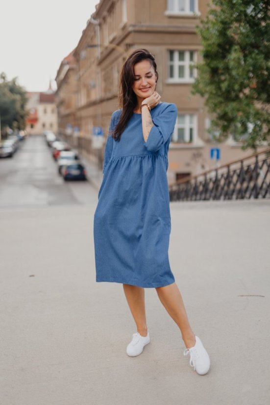 Denim midi dress with pockets - different colors and patterns