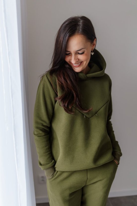 Teplá mikina s kapucí – khaki zelená - Velikost: XL/2XL
