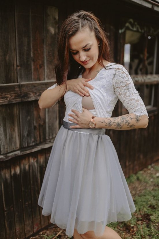 Formal tulle dress– white – grey - Size: L, Variant: For breastfeeding