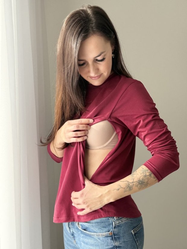 Nursing t-shirt with zippers - burgundy