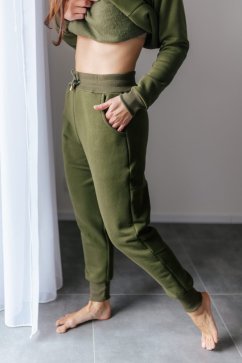 Tepláky s vysokým pasem – khaki zelená