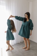 Waffle PUFF dress - MOM AND DAUGHTER - petrolej