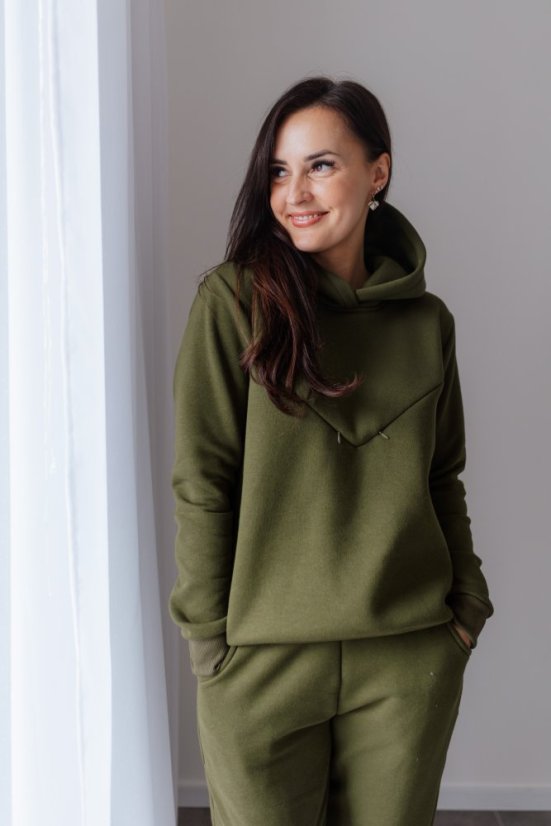 Teplá mikina s kapucí – khaki zelená - Velikost: XL/2XL