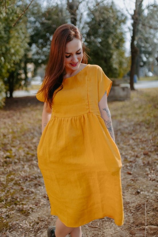 Lněné MIDI šaty – Hořčicová