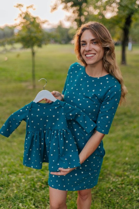 Girls tracksuit dress - gold hearts on petrolej
