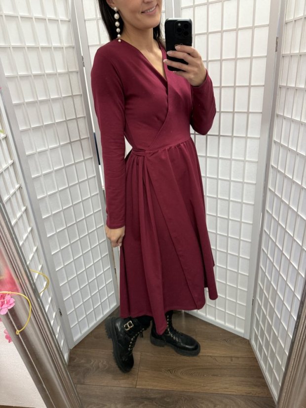 Zavinovací MIDI šaty – bordó - Velikost: M/L