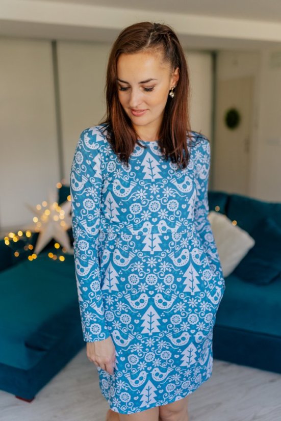 Straight Christmas dress with pockets - blue birds