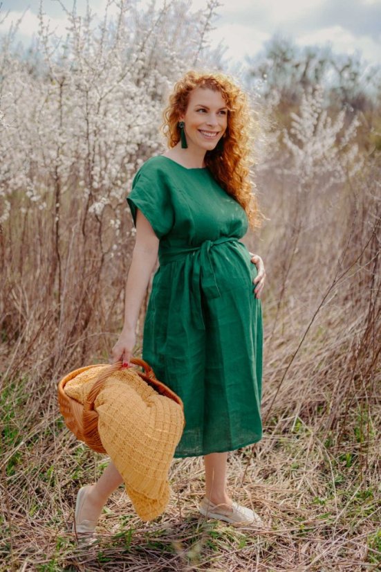 Lněné MIDI šaty ke kojení – zelená - Velikost: Na míru