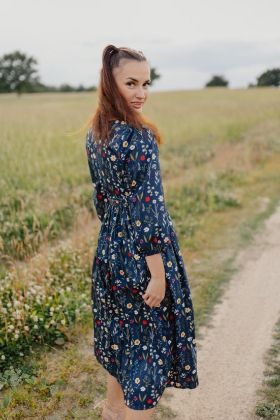 Poplin wrap dress - dark blue flowers - Size: XL/2XL
