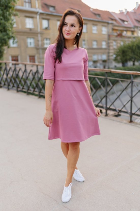 A-line cut nursing dress with pockets - dark old pink