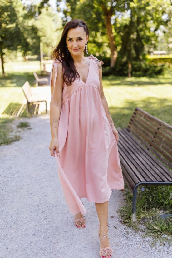 Linen "Aura" dress - pink - Size: M/L, Variant: For breastfeeding, Length: Long