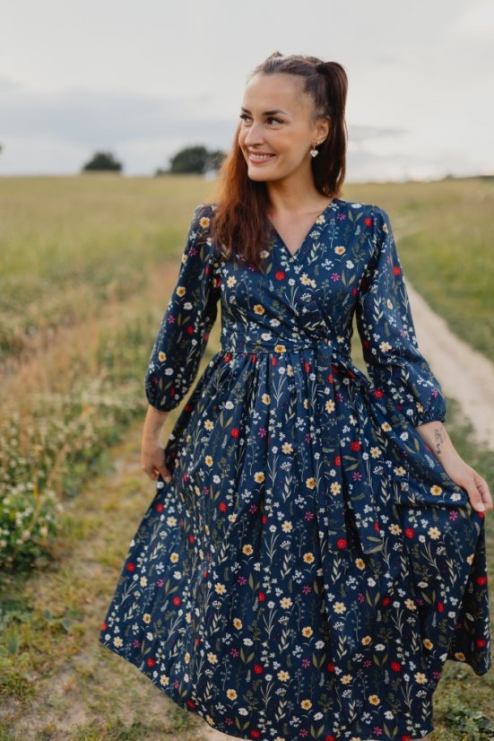 Poplin wrap dress - dark blue flowers - Size: XL/2XL
