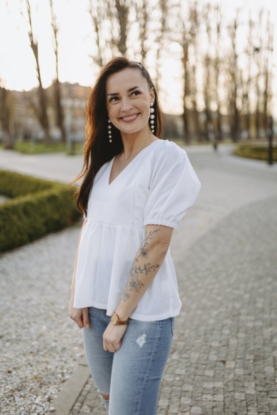 Lněná halenka s výstřihem - bílá - Velikost: Na míru