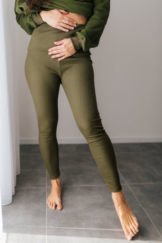 ELARA SET – asymetrická mikina & žebrované legíny - khaki zelená - Velikost: L