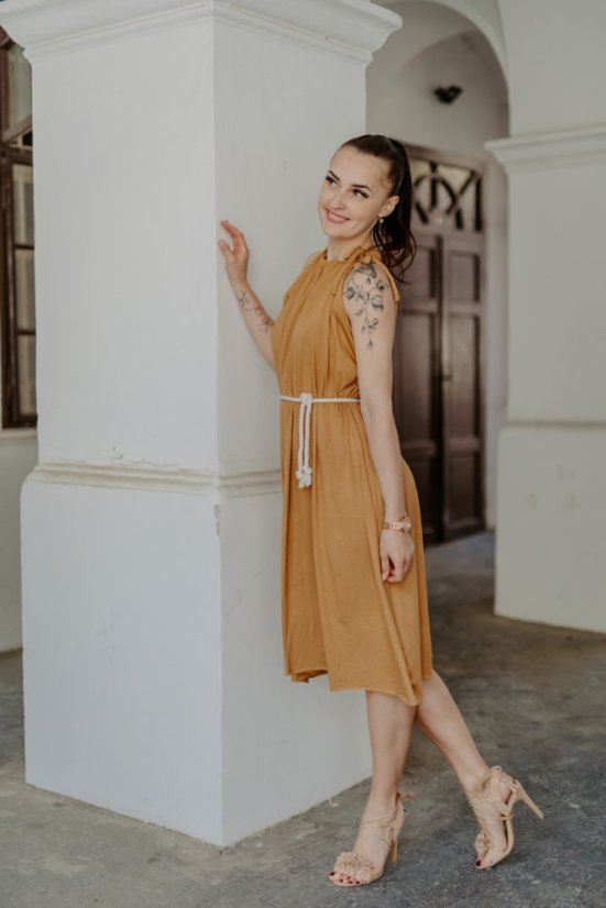 Bambusové šaty ke kojení – Karamel - tmavší - Velikost: UNI, Délka: MIDI