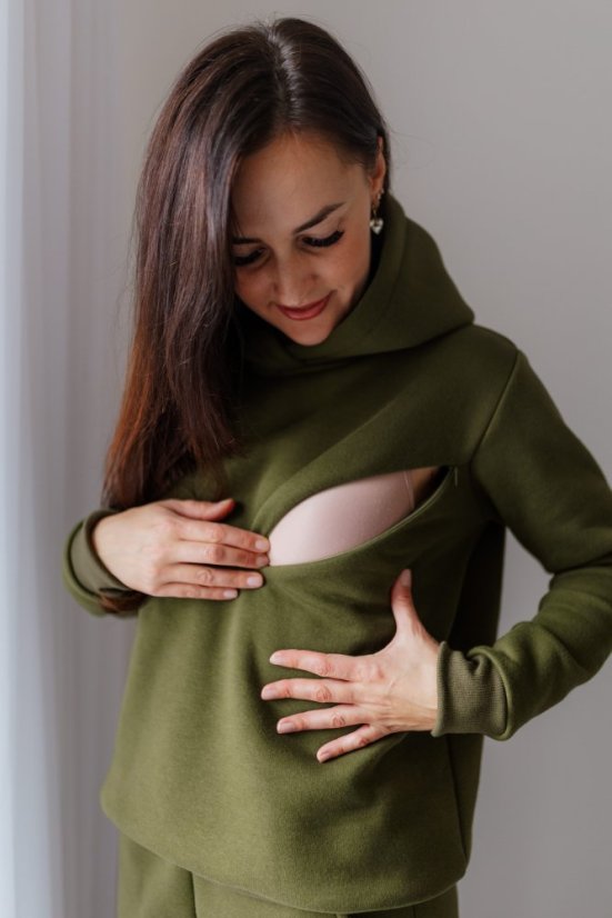 Teplá mikina s kapucí – khaki zelená - Velikost: XL/2XL