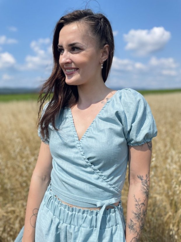 Lněný krátký set - Žlutá a tmavá máta