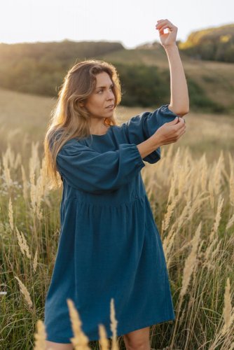 Linen dress with PUFF sleeves - petrol
