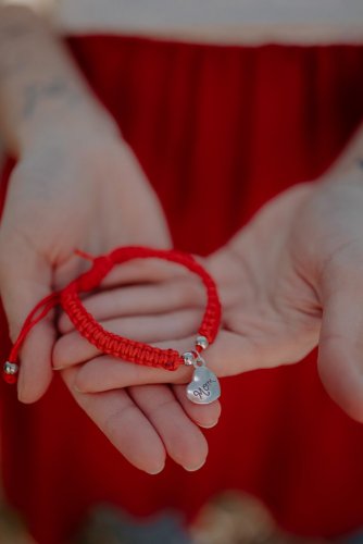 Red knitted bracelet with pendant for MOM