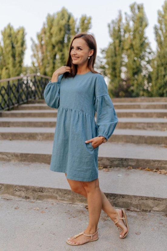 Linen dress with PUFF sleeves - dark mint - Size: M/L