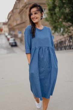 Denim midi dress with pockets - different colors and patterns
