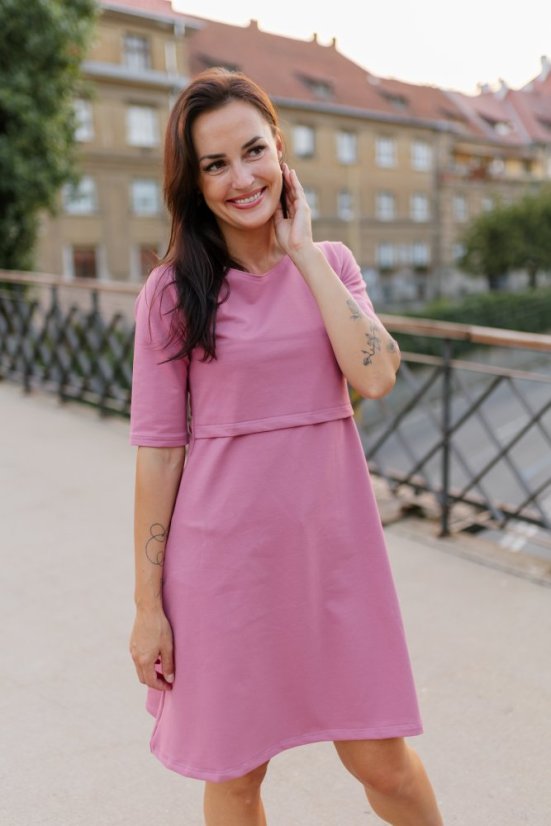 A-line cut nursing dress with pockets - dark old pink