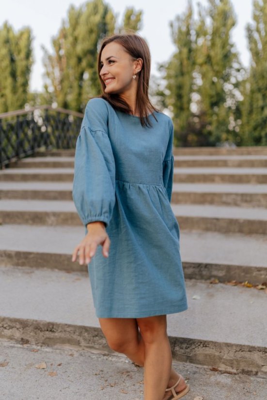 Linen dress with PUFF sleeves - dark mint - Size: XXS