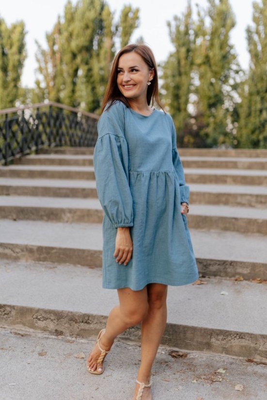 Linen dress with PUFF sleeves - dark mint - Size: XS/S