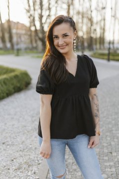 Muslin blouse with neckline - black