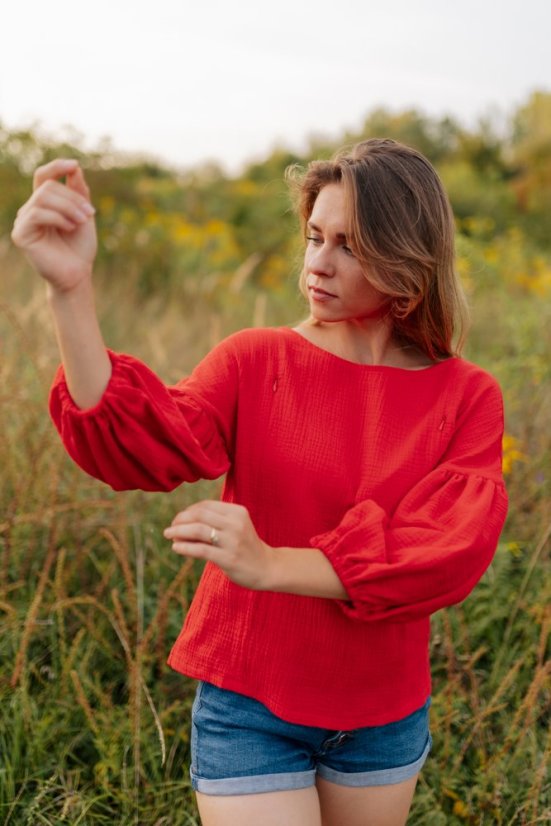 Mušelínová halenka s PUFF rukávy - červená - Velikost: XS/S